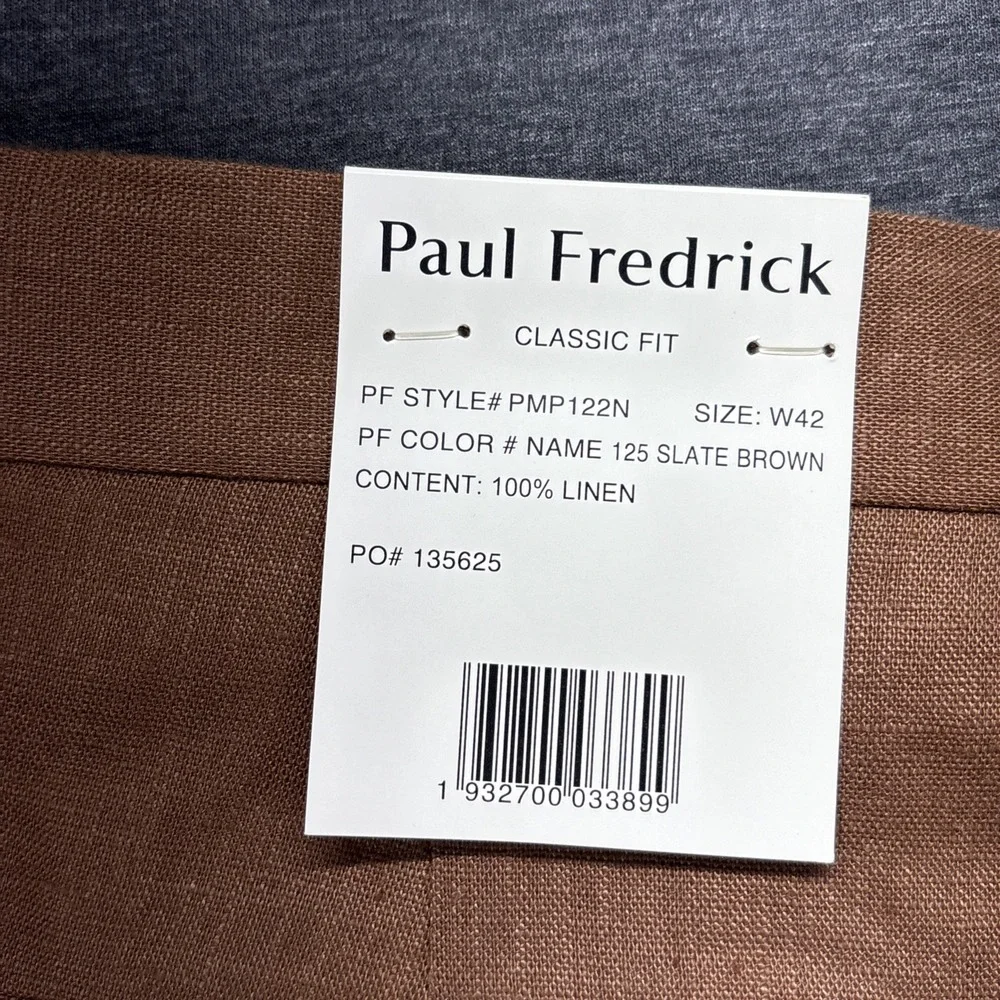 Paul Frederick 100% Linen Dress Pants Mens 42x31 Brown Pleated Cuffed Resort NWT